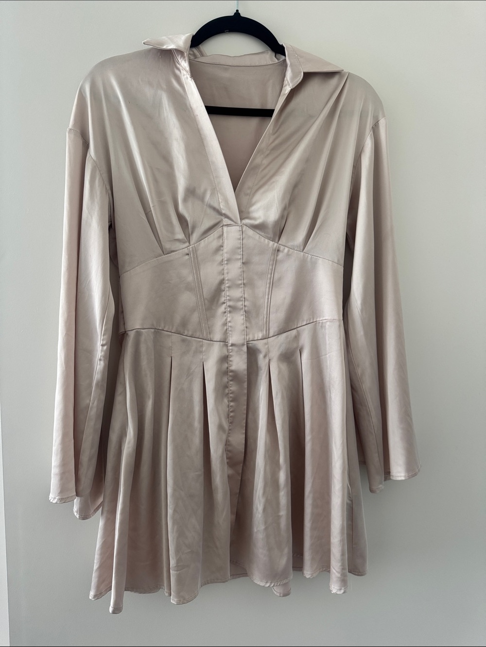 Cider Satin V-Neck Taupe Mini Dress